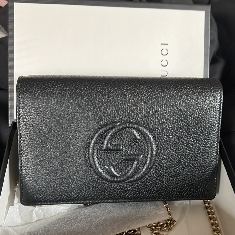 Chain Wallet Dollar Calfskin Interlocking G Black Leather Cross Body Bag